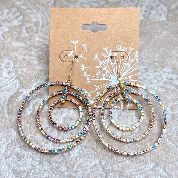 Brand New Pastel Rainbow Multicolored Triple Circle Rhinestone Drop Earrings - Picture 3 of 16